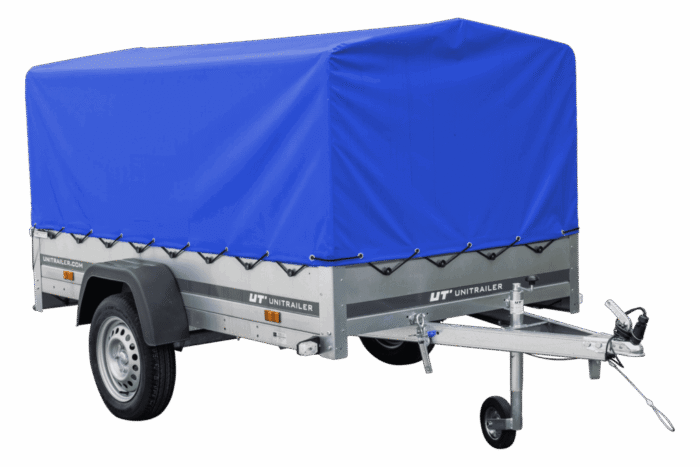 Auto Anhänger 230×125 Garden Trailer 230 KIPP Unitrailer 750 kg mit Stützrad, blauer Hochplane und Hochspriegel – Bild 1